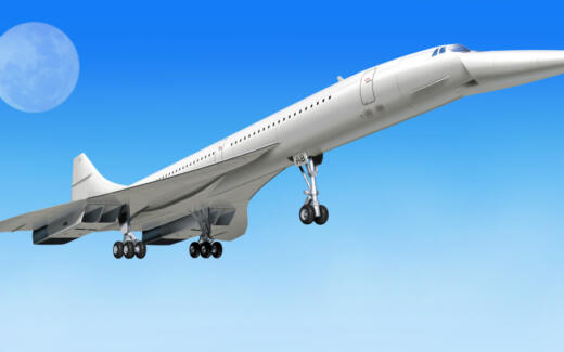 oncorde supersonic airliner aircraft, during take off, or landing. On clear blue sky and big moon as background.